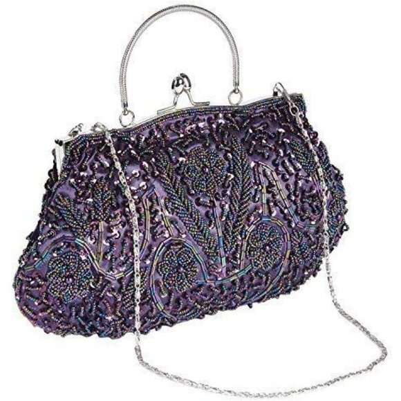 BEADED Sequin Flower Clutch Bag Purple - Picture 3 of 7